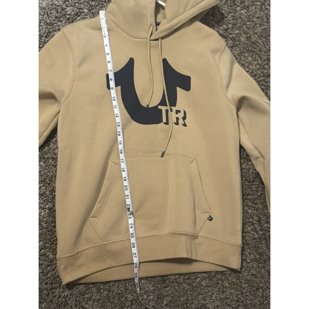 True Religion Men's L Beige Pullover Hoodie Logo Graphic Print Pockets